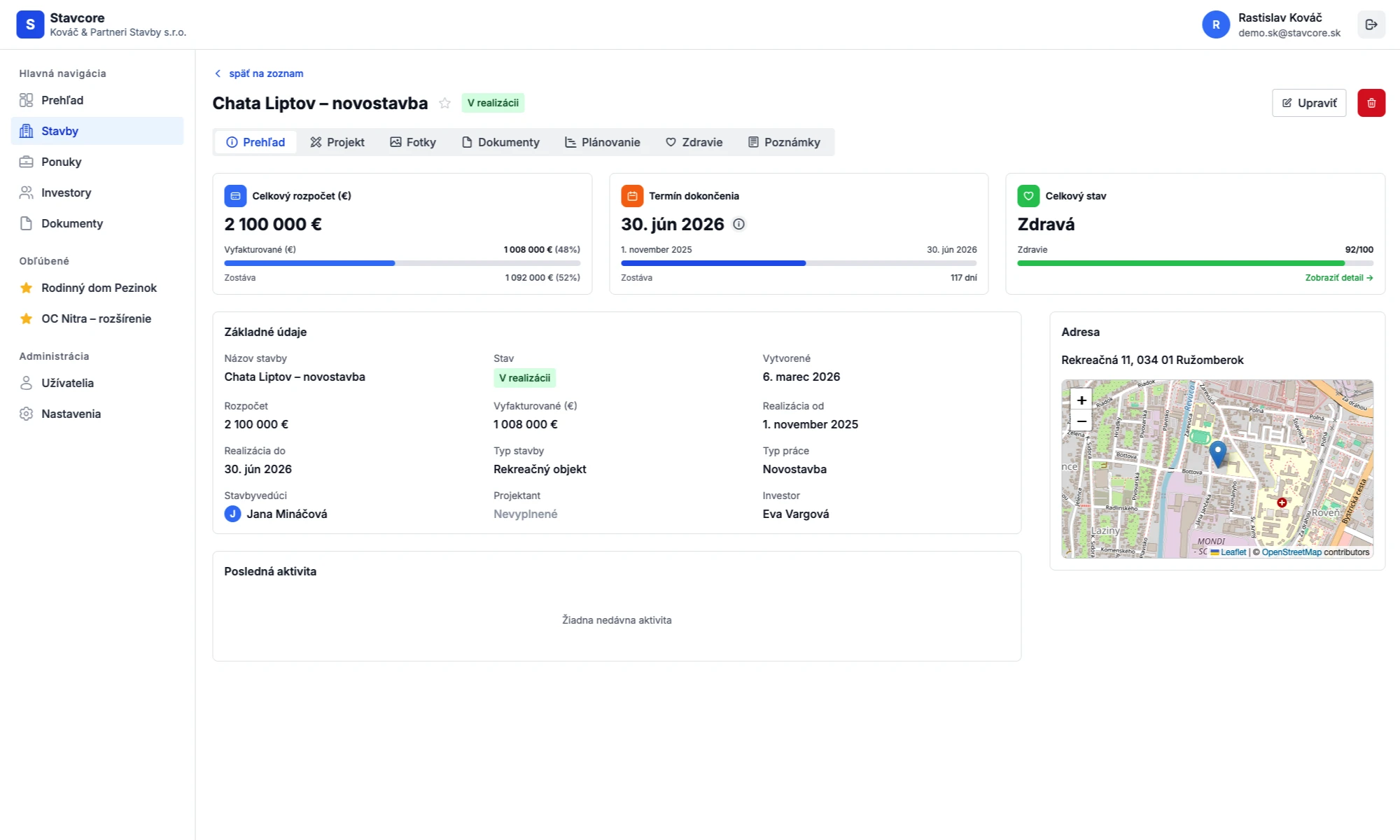 Stavcore – Ganttov diagram a harmonogram