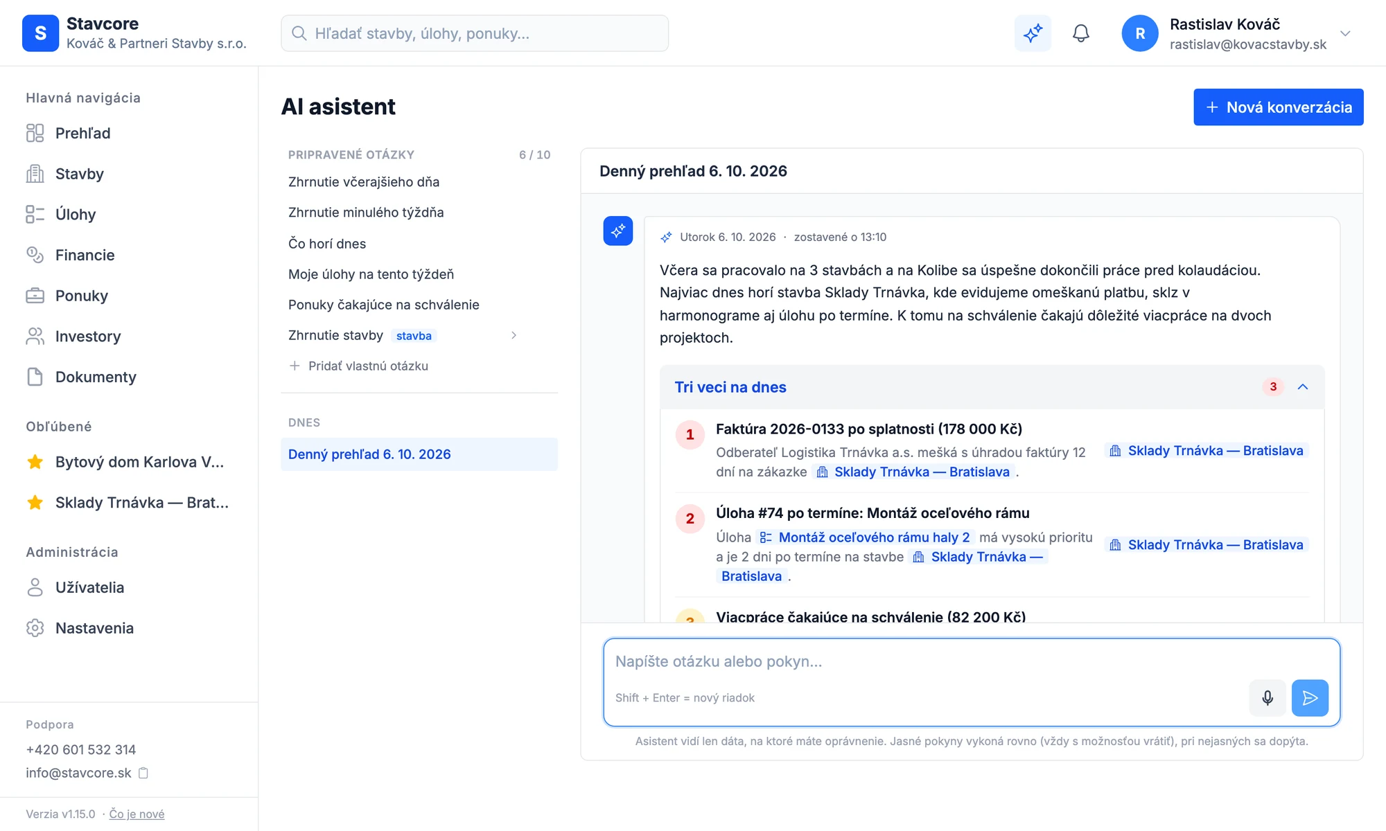 Stavcore – AI asistent s denným prehľadom