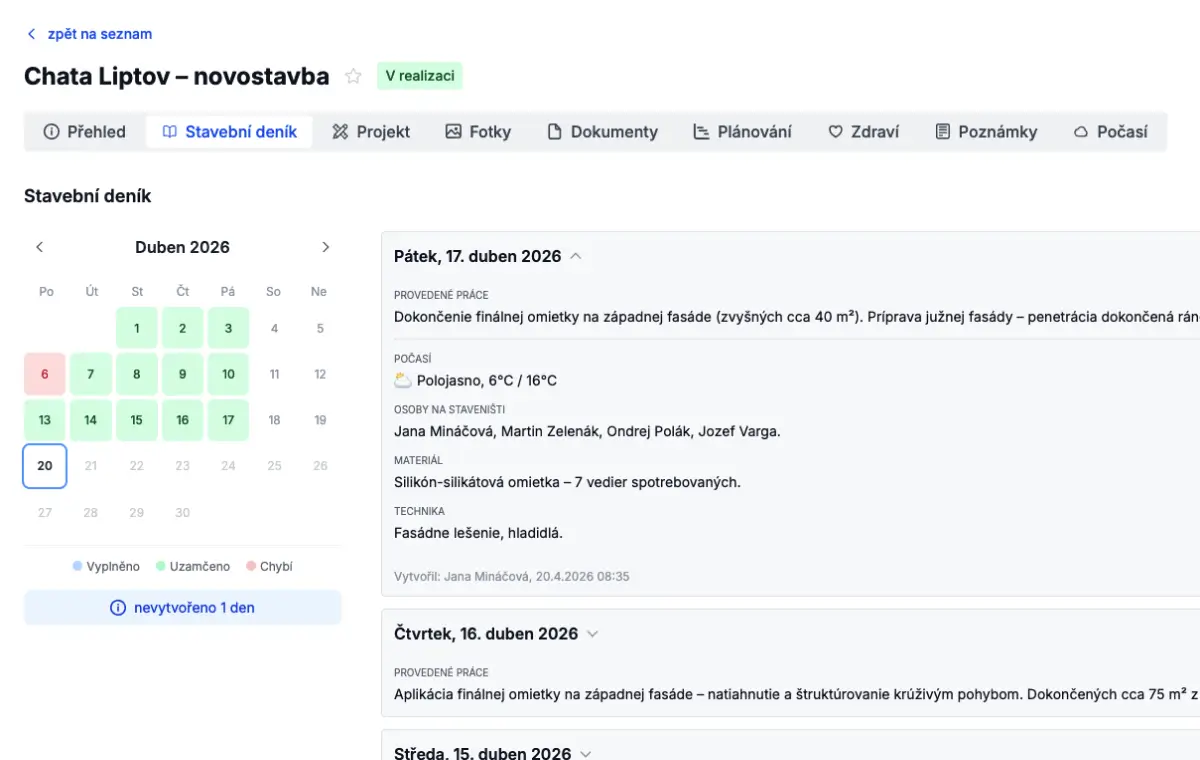 Ukážka stavebného denníka v aplikácii Stavcore