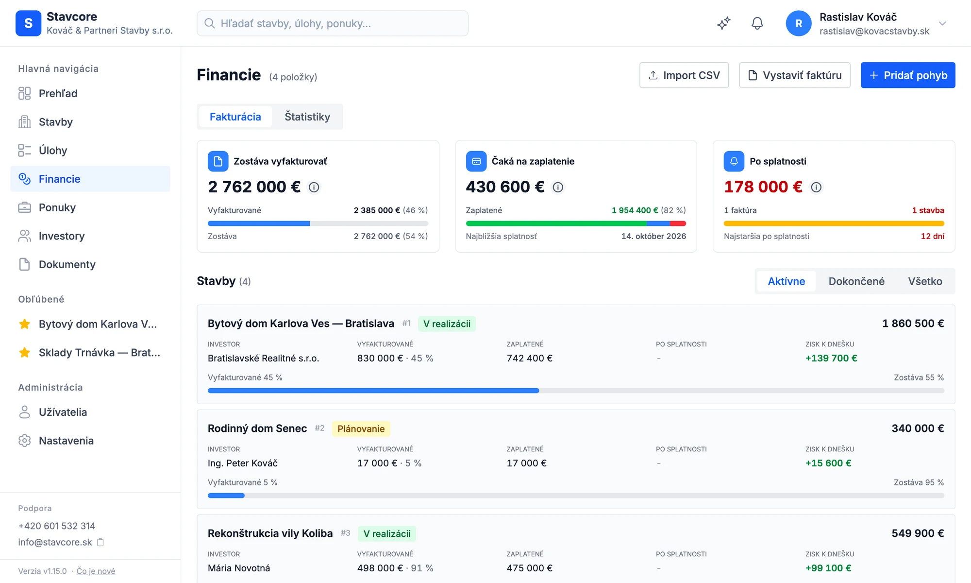 Stavcore – financie a fakturácia stavieb