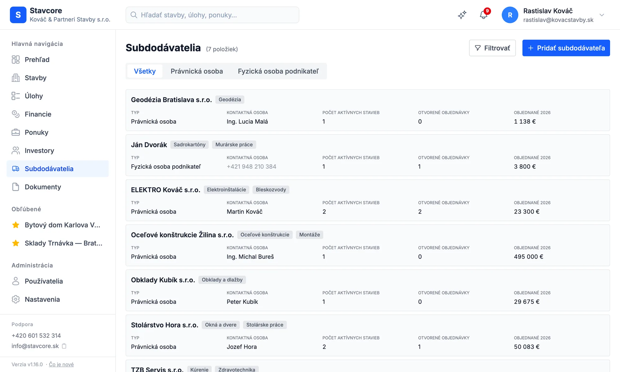 Stavcore – prehľad subdodávateľov s objednávkami