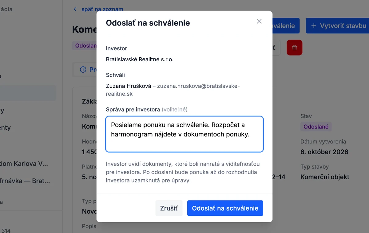 Ponuku pošlete investorovi na schválenie